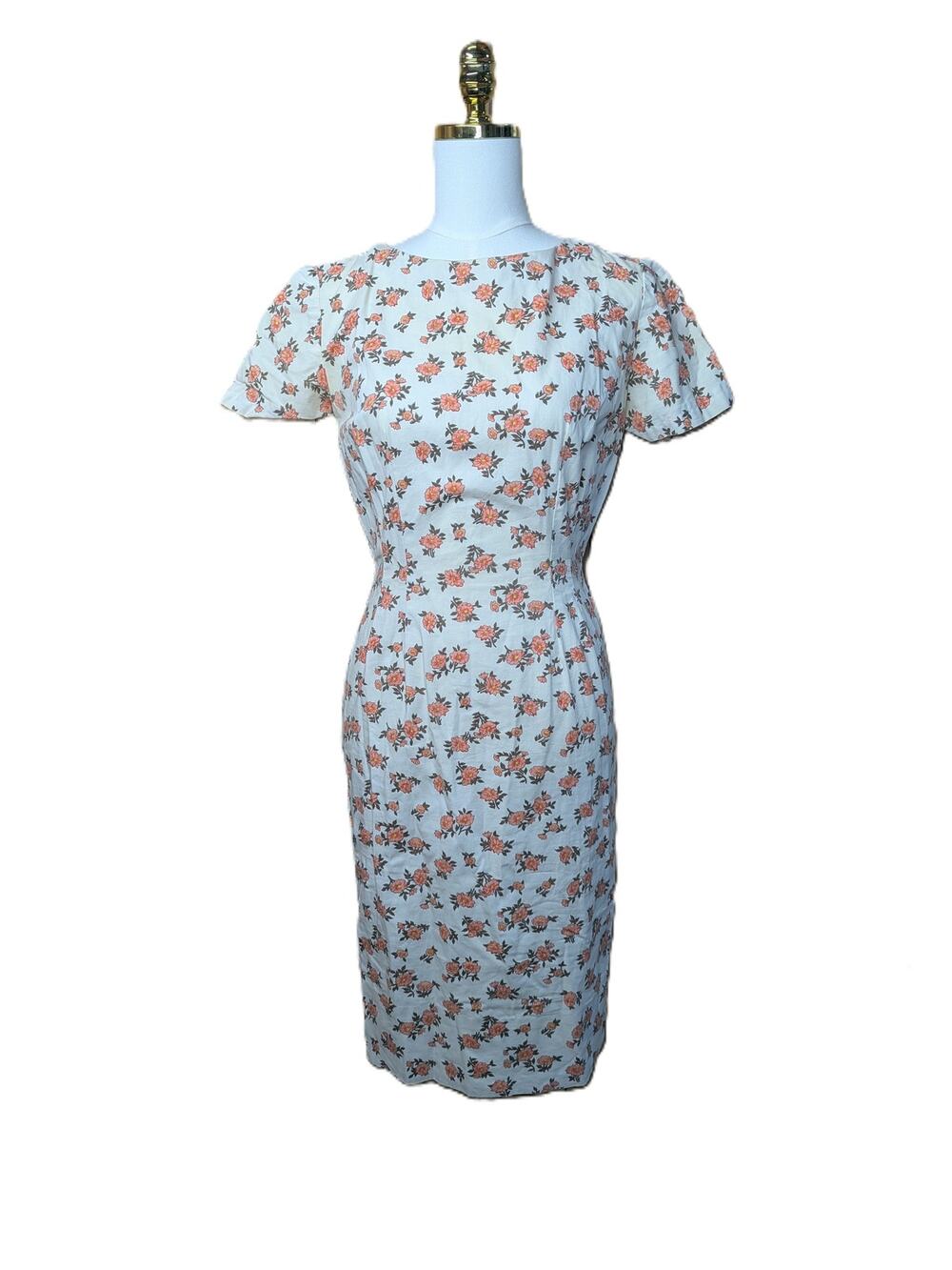 Vintage Dress SIZE XS/SMALL cotton floral ivory orange peach 50s 60s handmade